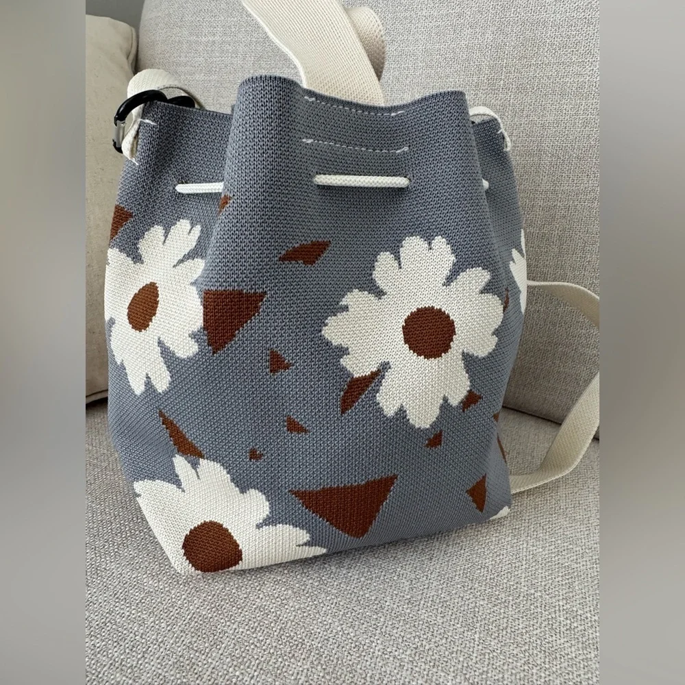 New Blue, Mocha & Flowers Woven Bucket Bag Handbag Purse w/ Dachshund Charm